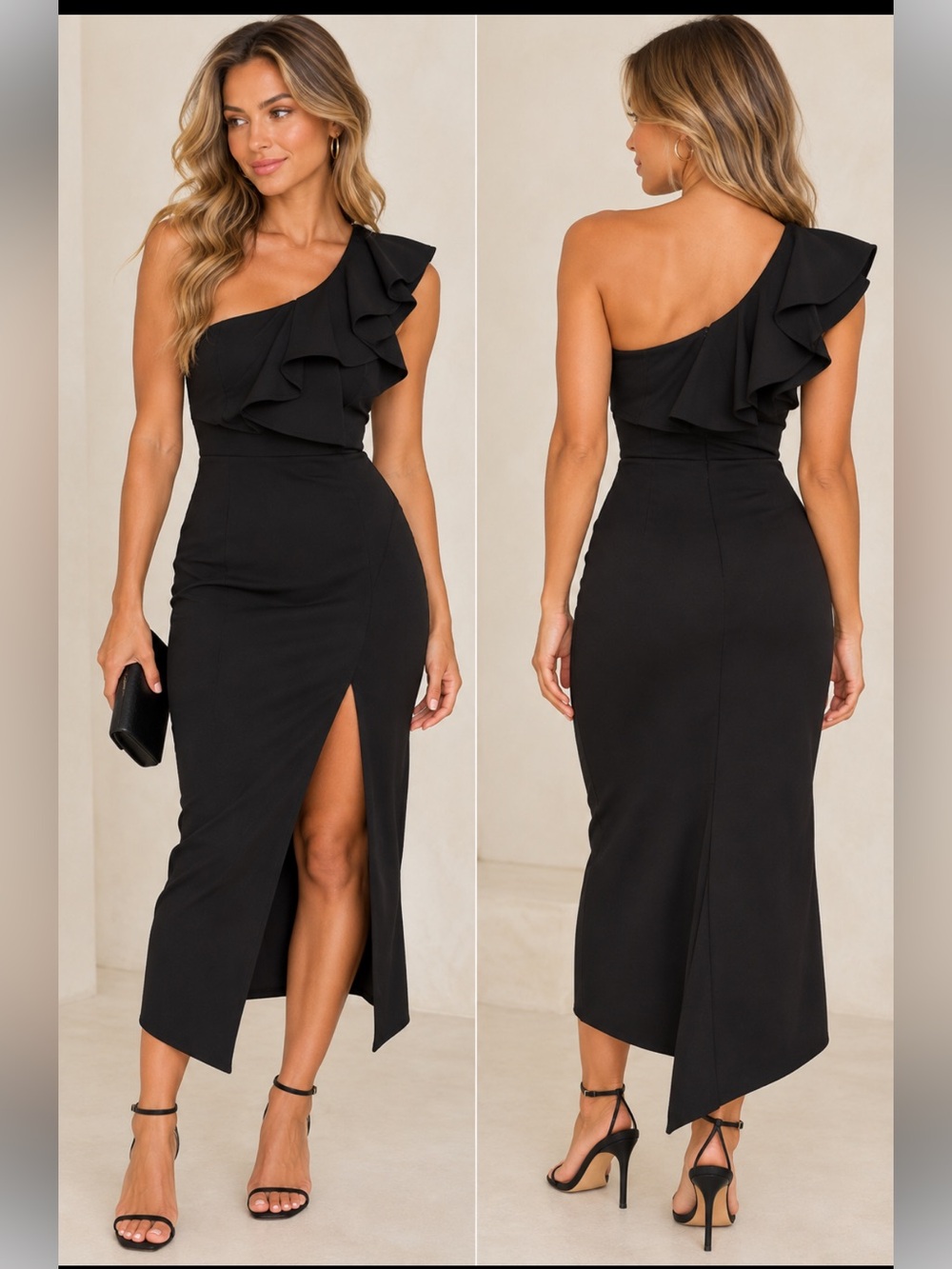 Hello Molly Black One Shoulder Ruffle Midi Dress NWT XS US 2